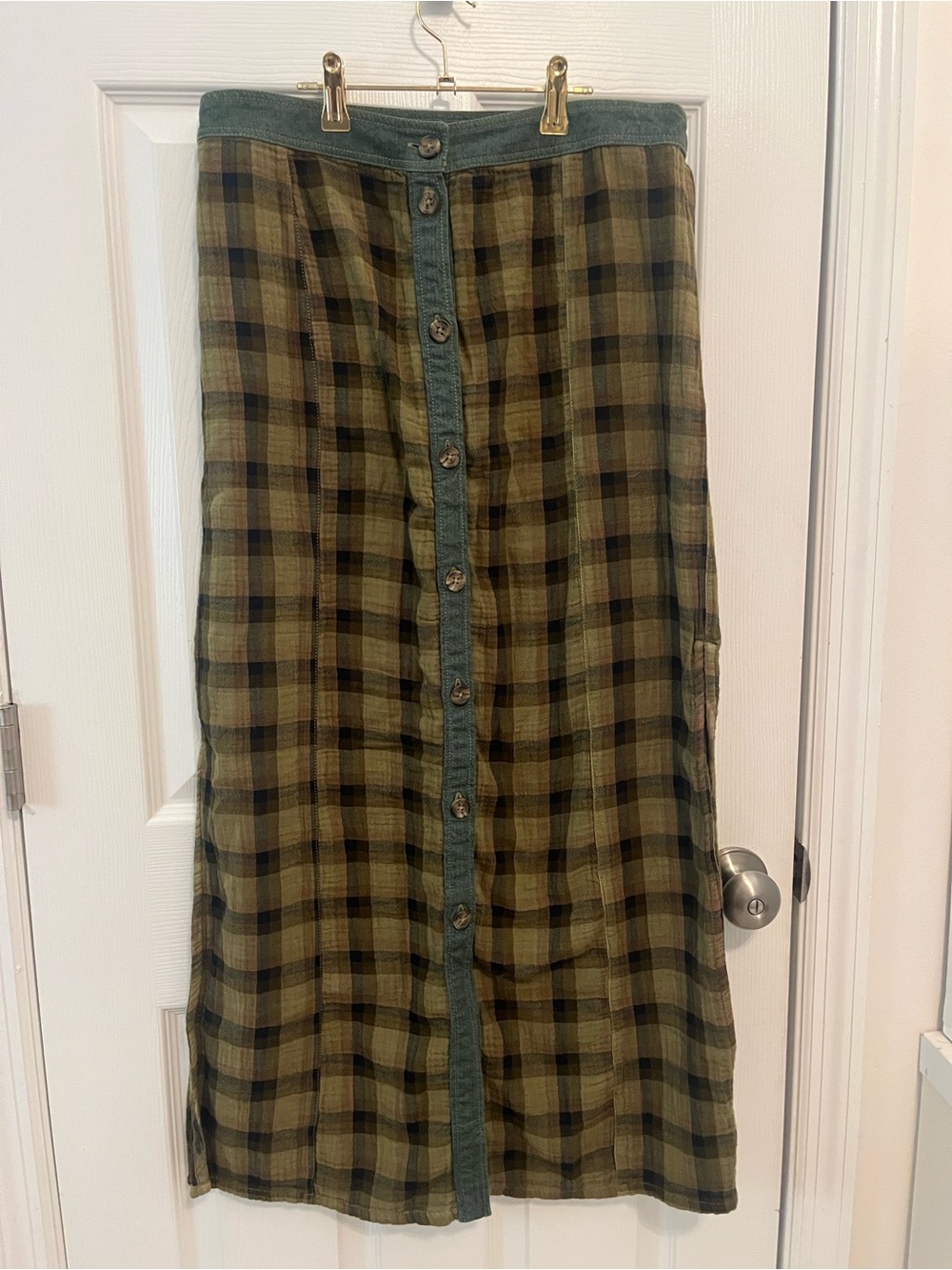 Free People Plaid Denim Trim Button Front Maxi Skirt XS - Picture 2 of 10